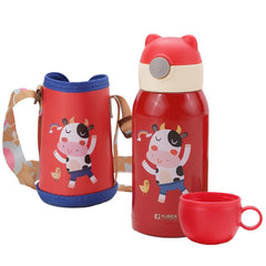 Homestic Water Bottle for Kids | Mooh Design Stainless Steel Flask with Straw, Cup & Fabric Cover | Sipper Bottle for Kids | Food Grade Plastic Lid | Broad Fabric Strap | Leak Proof, BPA Free | 500 ml