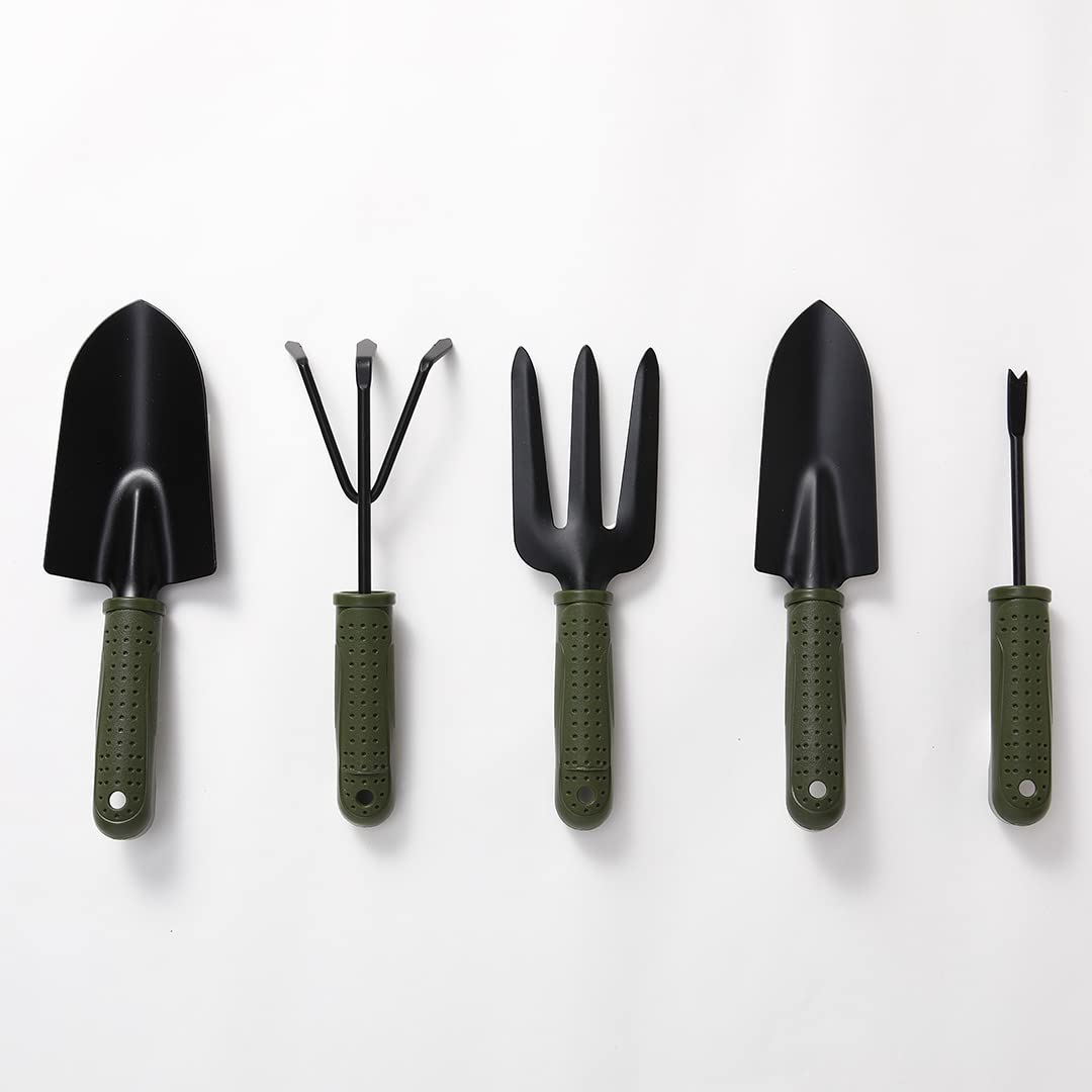 Kuber Industries Garden Tools|Small & Big Hand Trowels|Hand Cultivator|Hand Weeder & Fork Carbon Steel|SJ-5020|Set of 5|Green & Black