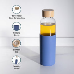 Kuber Industries Water Bottle|Glass Bottle|Sleeve Protection Bottle|Bamboo Lid Water Bottle|Travel Round Bottle|550 ML|Set of 2|Blue
