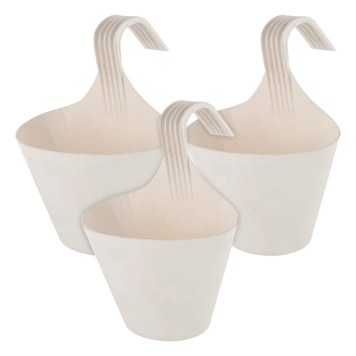 Kuber Industries Hanging Flower Pot|Single Hook Plant Container|Durable Plastic Glossy Finish Pots for Home|Balcony|Garden|9 Inch|Pack of 3 (White)
