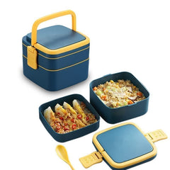 Kuber Industries Lunch Box|Unbreakable Plastic 2 Squre Containers Tiffin with Handle|Durable Lunch Box with Push Lock,1000 ML (Blue)