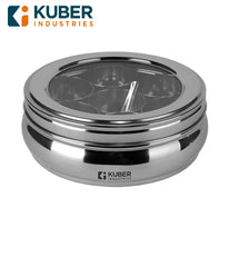 Kuber Industries 7 in 1 Stainless Steel Belly Shape Masala (Spice) Box I 7 Containers and Spoon I See Through Lid I Masala Daani/Dabba for Kitchen I Silver, Large (1250 ml)