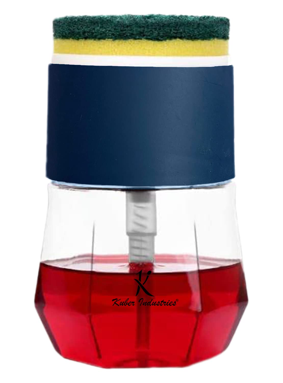Kuber Industries Round Liquid Soap Dispenser for Kitchen | with Pump and 2 Sponge Scrubs | Plastic, Lightweight & Durable | Multipurpose Use, Ergonomic Design & Easy to Clean | Blue