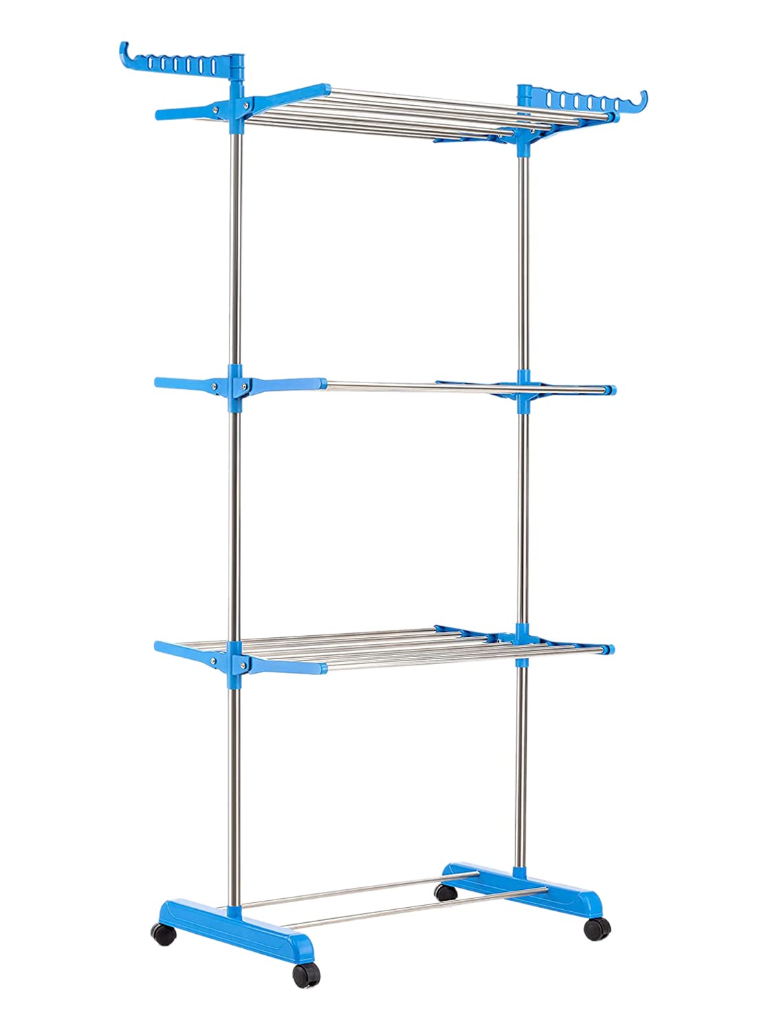 Heart Home Stainless Steel Foldable Rolling 3-Tier Clothes Dryer Rack For Home/Indoor/Outdoor/Balcony With Wheel (Blue)