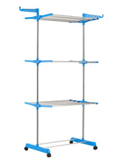Heart Home 3-Tier Stainless Steel Modular Foldable Laundry Drying Stand, Clothes Drying Rack/Stand With Wheel (Blue)