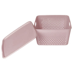 Heart Home Netted Design Unbreakable Multipurpose Square Shape Plastic Storage Baskets with lid Large (Grey)