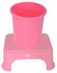 Heart Home 2 Pieces Plastic Bathroom Dustbin & Stool Set (Pink)