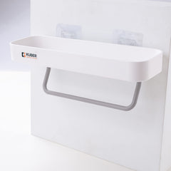 Kuber Industries Kitchen Organizer With Towel Hanger|Self-Adhesive Wall Shelf|Non-Toxic|Easy To Fit Plastic Bathroom Shelf|Multipurpose Wall Mounted Shelf For Bathroom & Kitchen|1323|White