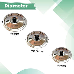 Kuber Industries Stainless Steel Multipurpose Lid with Knob | Sturdy Knob & Durable | Suitable for Pots, Pans, Kadhai, Tawa | Easy to Clean & Hold | Steel Cooking Lid Set of 3