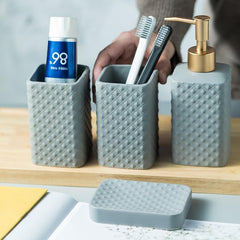 Heart Home Bathroom Accessories Set | Ceramic Bathroom Tooth Brush Holder | Bathroom Soap Holder Dish | Kitchen Soap Dispenser 350 ML | Water Cup 340 ML | ZX062GY-4T | Set of 4 | Gray