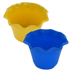 Heart Home Blossom Flower Pot|Durable Plastic Flower Pot|Gamla with Drain Holes for Home Décor|Balcony|Garden|8 Inch|Pack of 2 (Blue & Yellow)