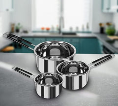 Kuber Industries Stainless Steel Sauce Pan Set for Kitchen | Stainless Steel, Wobble Free Base & Insulated Handles | Glossy, Easy to Clean & Durable | Milk & Tea Pan Set of 3 - Assorted