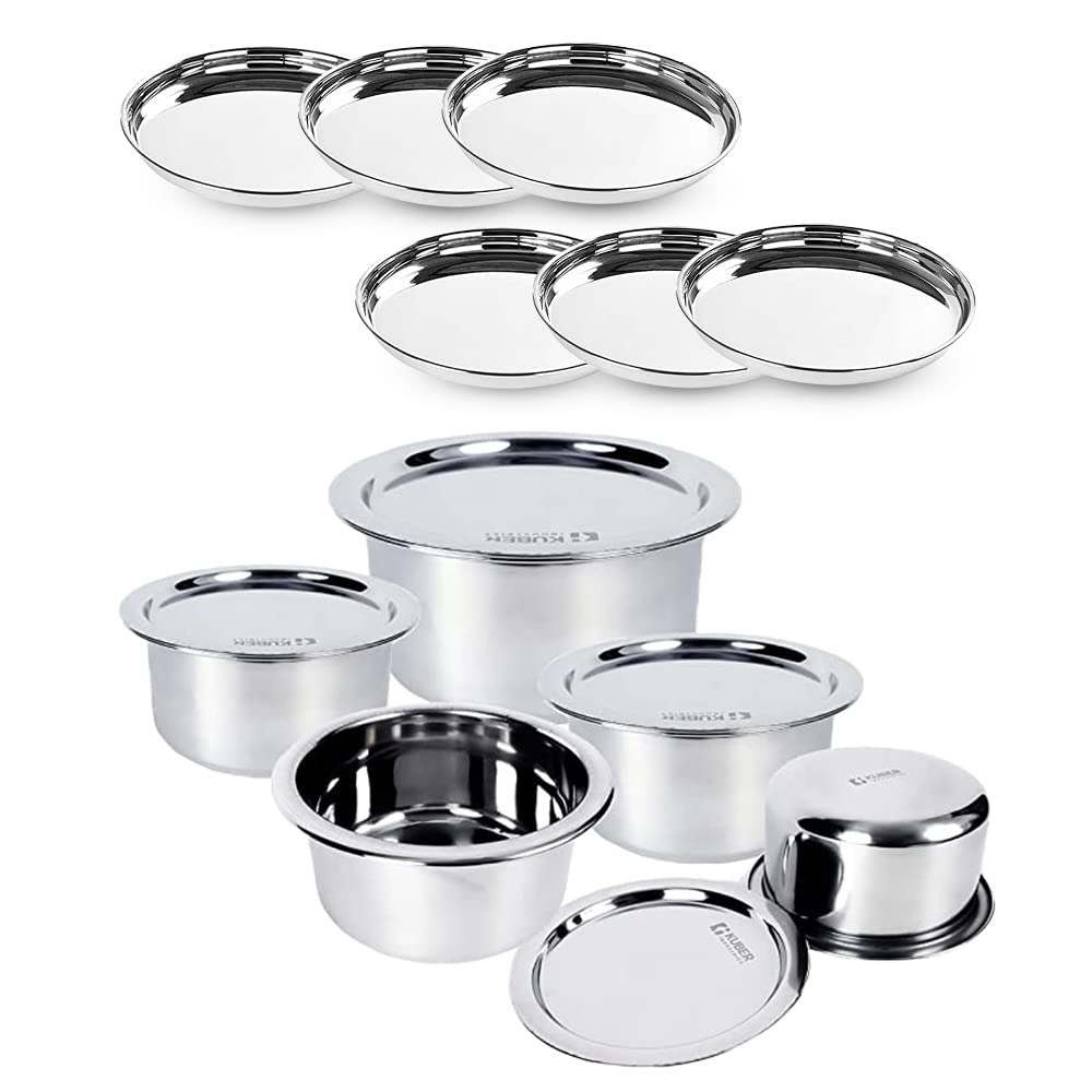 Kuber Industries Stainless Steel Dinner Plates and Tope/Patila/Cookware with Lids | Gas Stove and Induction Friendly | 5 Pcs Tope Set (800ml, 1L, 1.4L, 1.9L, and 2.4L) and Dinner Plates Set of 6 (diameter-29cm) | Induction Friendly | Rust Proof, Easy to