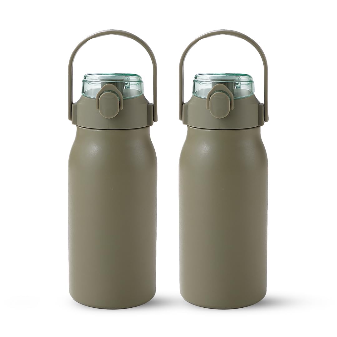 Homestic Water Bottle | Vacuum Insulated Travel Bottle | Hot & Cold Water Bottle | Sipper Lid & Handle Water Bottle | 1000 ML | Pack of 2 | HH-22111D | Green