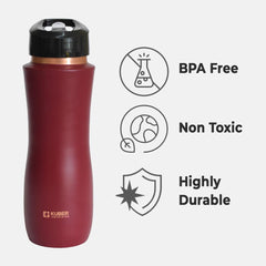 Kuber Industries Copper Water Bottle with Sipper, BPA Free & Non-Toxic, Leakproof, Durable & Lightweight, Added Health Benefits of Copper, Ergonomic Design & Easy to Clean (Maroon, 750 ML, Pack of 1)