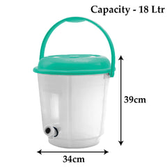 Kuber Industries Multipurposes Plastic Transparent Bucket with Lid & Tap System for Home Cleaning & Save Water, 18Ltr. Pack of 2 (Green)