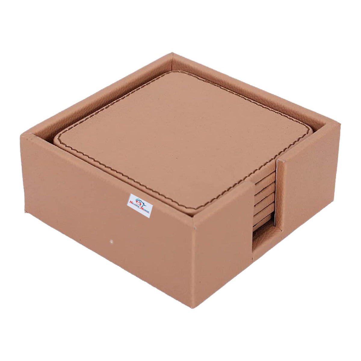 Heart Home Tea Coaster|Soft Leather Heat Insulation Tabletop Coasters|Decorative Holder for Tea, Coffee & Office Desk with Stand Set of 6 (Light Brown)