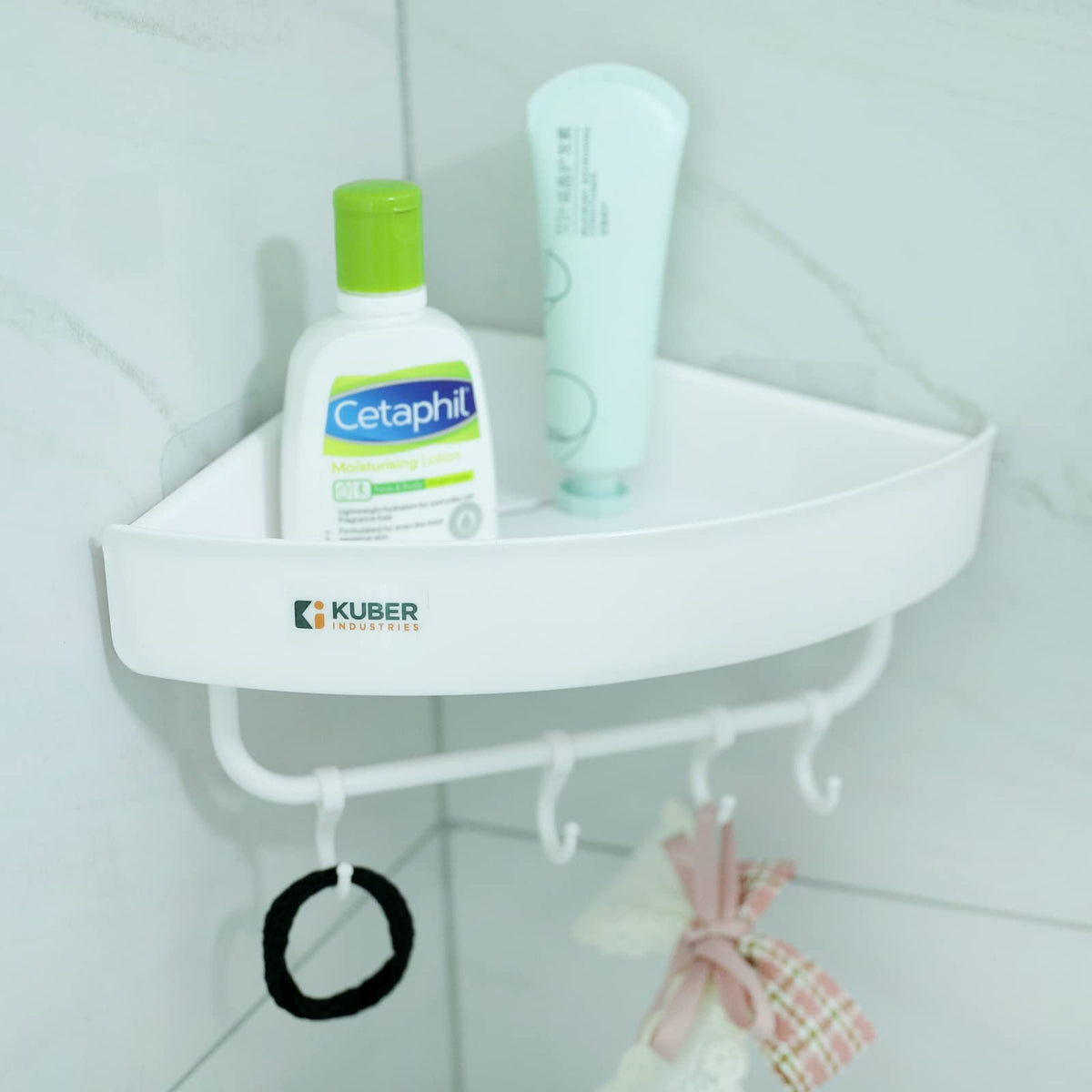 Kuber Industries Bathroom & Kitchen Organizer with Towel Hanger Hooks | Multipurpose Corner Wall Shelves | Self-Adhesive | Pack of 2 | White