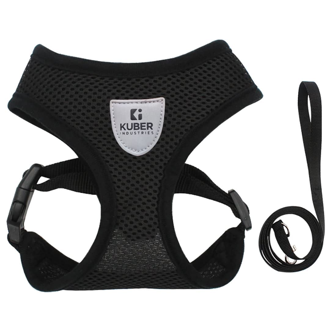 Kuber Industries Dog Harness With Adjustable Leash | Breathable Polyester Mesh | Large Size | HAT-818 | Comfortable No-Pull Grip | Quick Release Buckles | Black Pet Walking Set