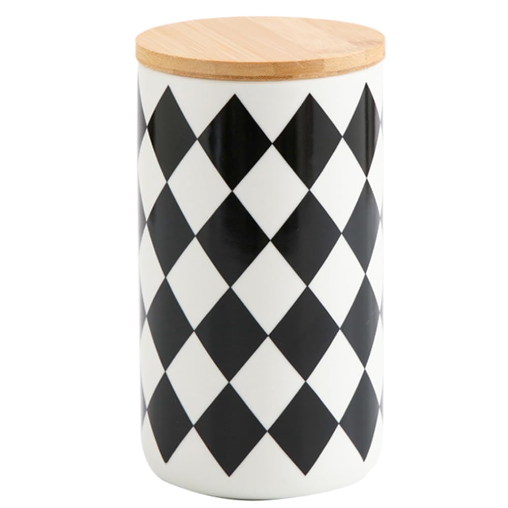 Heart Home Ceramic Jar | Food Storage Jar | Kitchen Storage Jar | Round Jar for Home | Sugar Storage Jar | Airtight Bamboo Lid | Diamond Pattern | YX11-L-DM | 1000 ML | Black-White