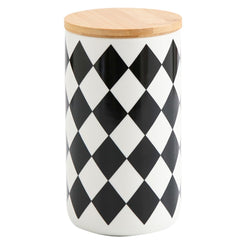 Heart Home Ceramic Jar | Food Storage Jar | Kitchen Storage Jar | Round Jar for Home | Sugar Storage Jar | Airtight Bamboo Lid | Diamond Pattern | YX11-L-DM | 1000 ML | Black-White