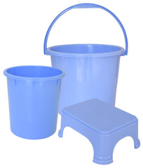 Kuber Industries 3 Pieces Plastic Bucket, Dustbin & Stool Set (Blue)