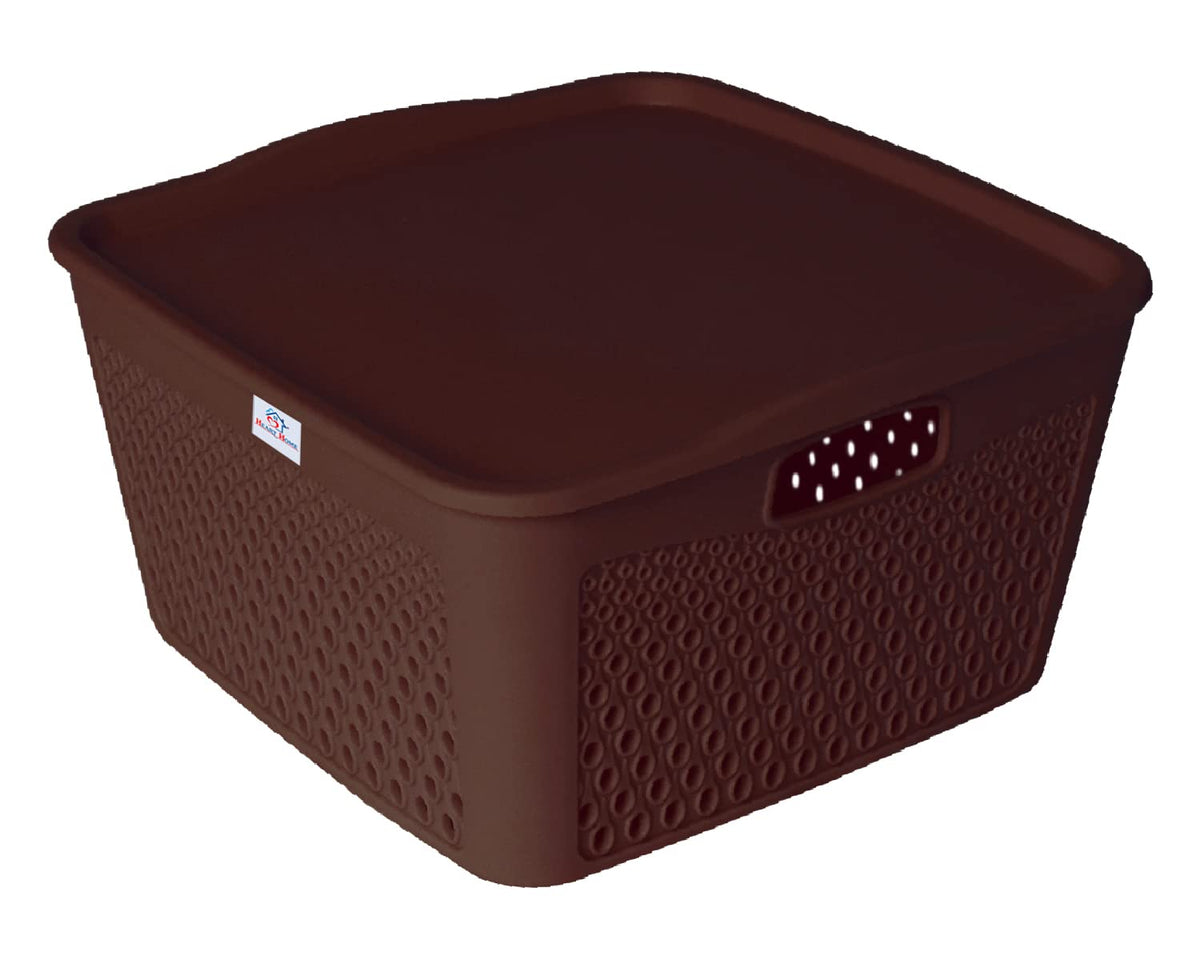 Heart Home Netted Design Unbreakable Multipurpose Square Shape Plastic Storage Baskets with lid Large (Brown)