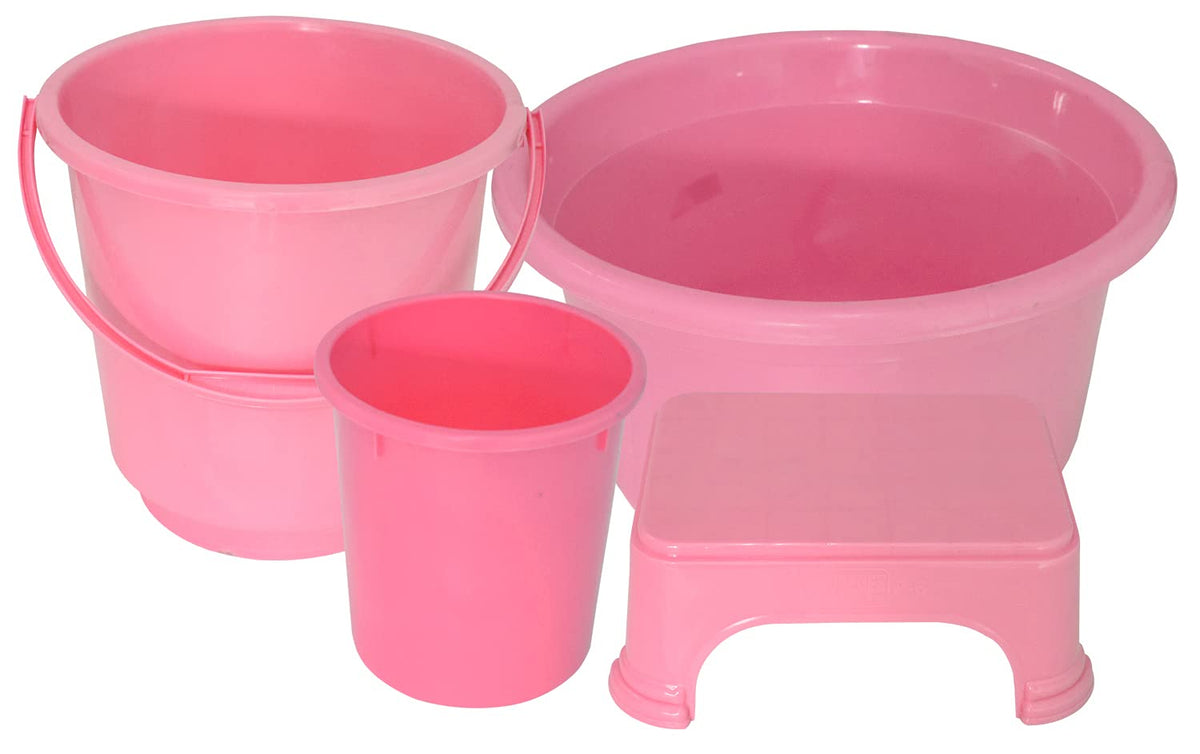 Kuber Industries 4 Pieces Plastic Bucket, Stool, Dustbin & Tub Set (Pink)