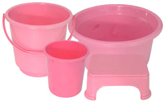 Kuber Industries 4 Pieces Plastic Bucket, Stool, Dustbin & Tub Set (Pink)