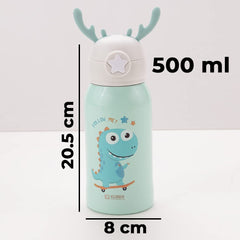 Kuber Kids Water Bottle Combo Set|Sipper Bottle for Kids|1 Piece Dino Design Stainless Steel Water Bottle|1 Piece Food Grade Plastic Bottle|550 & 500 ML|PACK Of 2|Green & Orange