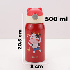 Homestic Water Bottle for Kids | Mooh Design Stainless Steel Flask with Straw, Cup & Fabric Cover | Sipper Bottle for Kids | Food Grade Plastic Lid | Broad Fabric Strap | Leak Proof, BPA Free | 500 ml