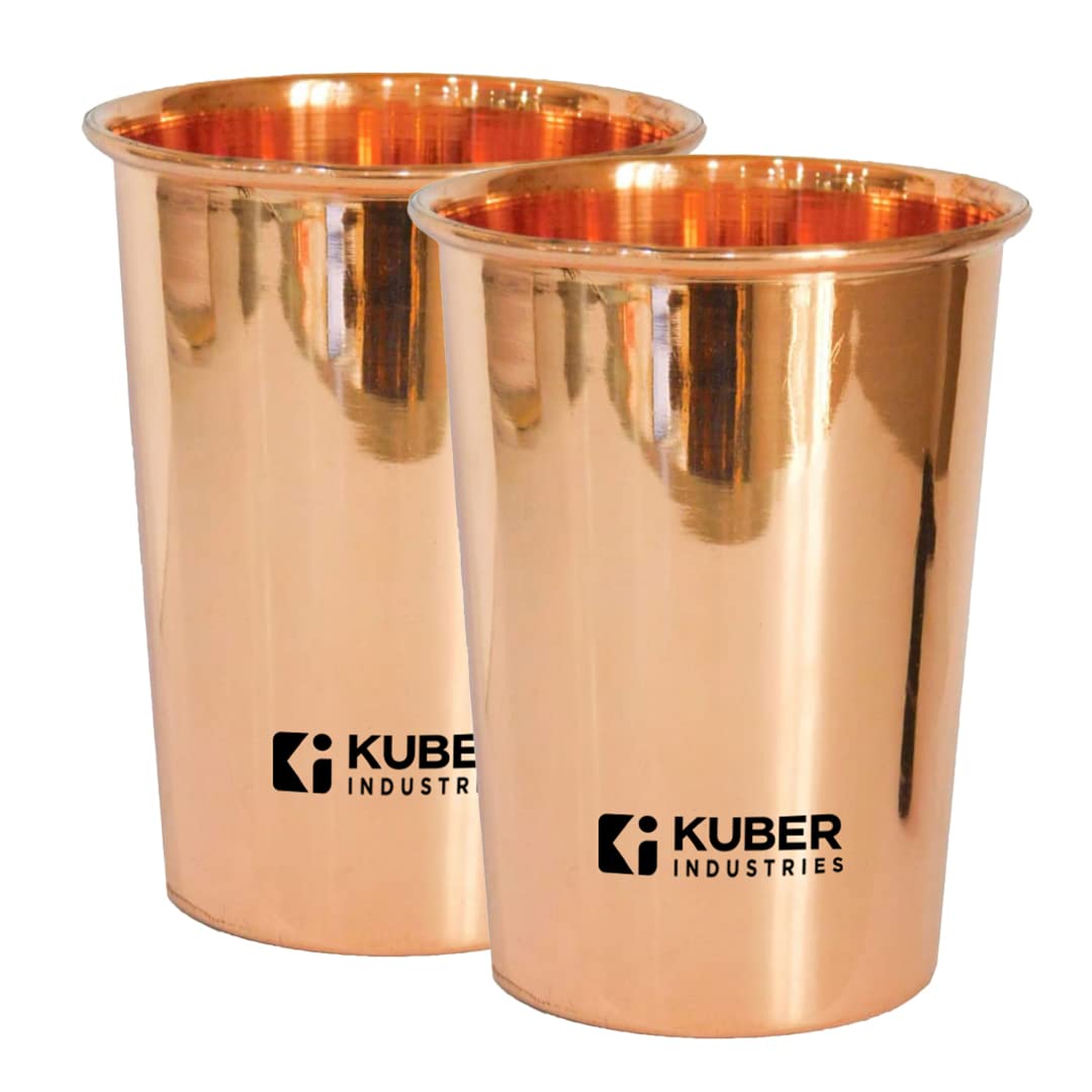 Kuber Industries Copper Drinking Serving Water Glasses Serveware Glass Tumbler ( 2 Pcs,Height-9 cm, Dia- 6 cm, 300 ml Each)