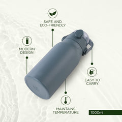 Homestic Water Bottle | Vacuum Insulated Travel Bottle | Hot & Cold Water Bottle | Sipper Lid & Handle Water Bottle | 1000 ML | HH-22111B | Blue