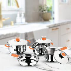 Kuber Industries Set of 4 Stainless Steel Cookware Set I Induction Base Cookware I Saucepan (1.4 L), Kadai (2.0 L), Casserole (2.5 L), Frypan (1 L) and 3 Lids I Heavy Gauge Steel