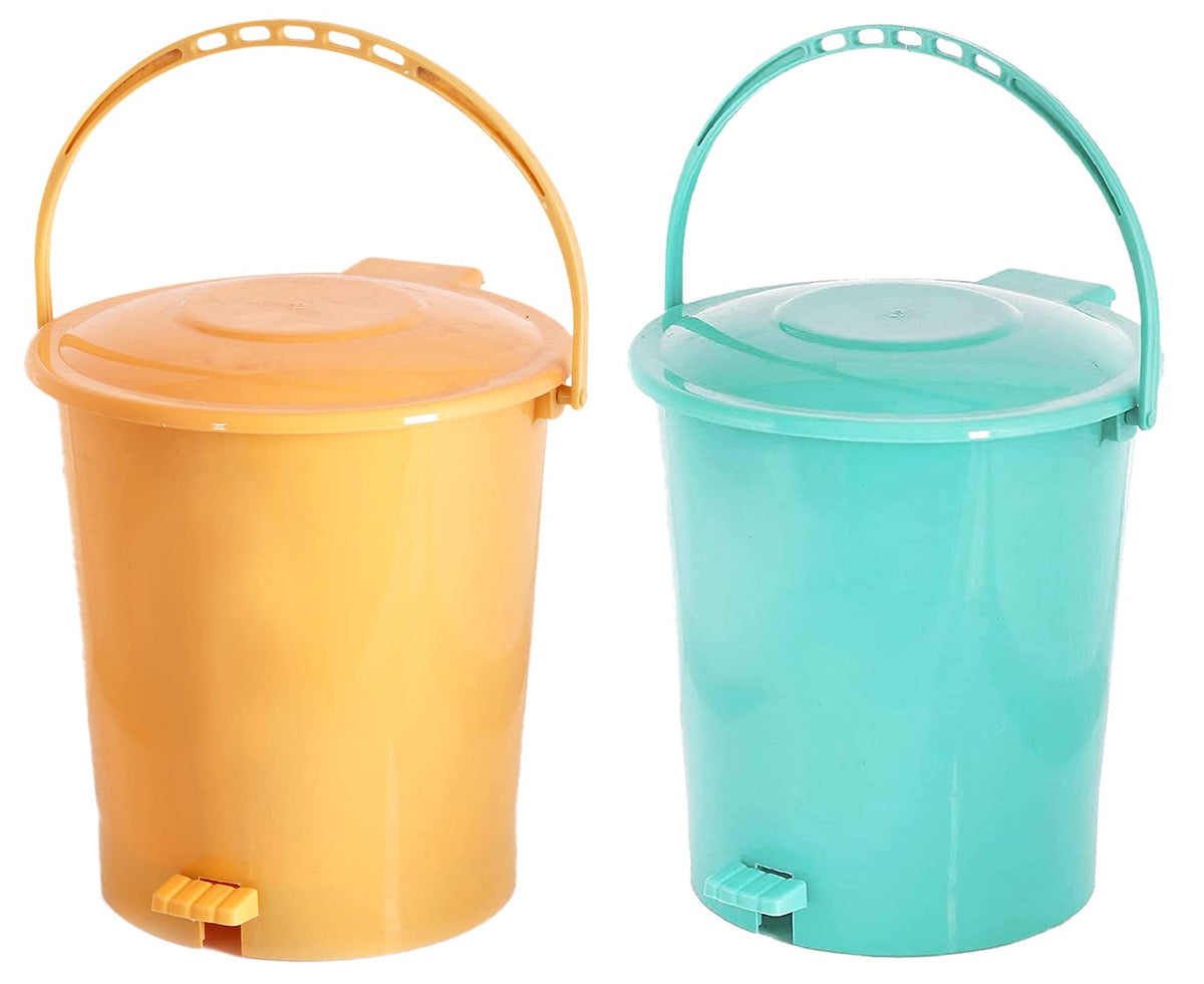 Kuber Industries Plastic Pedal Dustbin, Trashbin, Wastebin For Kitchen, Bathroom, Office Use With Handle, 10 Liter- Pack of 2 (Sky Blue & Yellow)-47KM0952