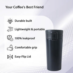 Homestic Stainless Steel Insulated Coffee Tumbler with Sipper Lid 380 ML (Black)