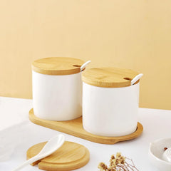 Heart Home Kitchen Storage Box | Spoon and Wooden Tray Spice Container | Round Condiment Jar for Home | Air-Tight Bamboo Lid Kitchen Set | Set of 2 | BK02WT | 250 ML | White