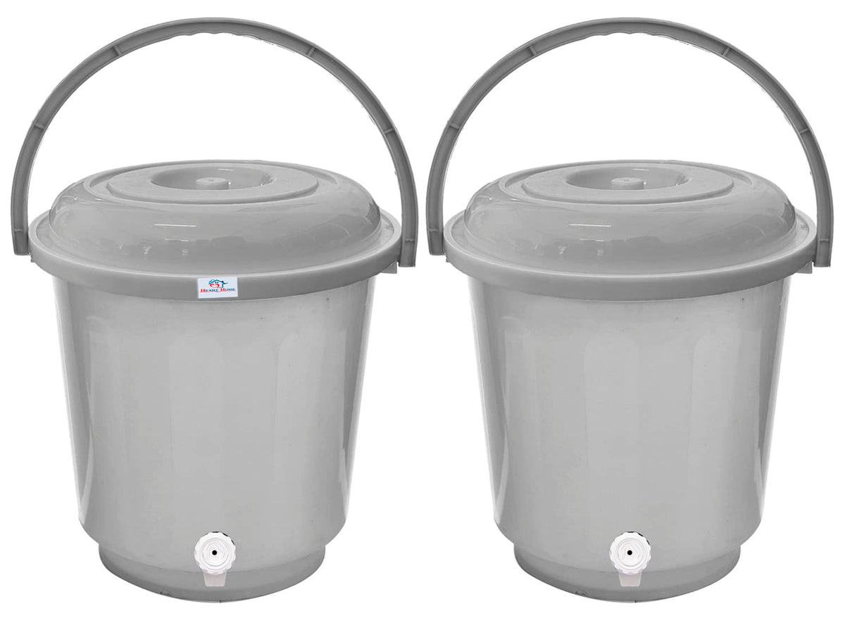 Heart Home Multipurposes Plastic Bucket With Lid & Tap System For Home Cleaning & Save Water, 18Ltr. Pack of 2 (Grey) 52HH3902