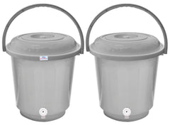 Heart Home Multipurposes Plastic Bucket With Lid & Tap System For Home Cleaning & Save Water, 18Ltr. Pack of 2 (Grey) 52HH3902
