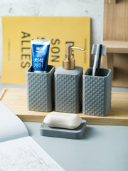 Heart Home Bathroom Accessories Set | Ceramic Bathroom Tooth Brush Holder | Bathroom Soap Holder Dish | Kitchen Soap Dispenser 350 ML | Water Cup 340 ML | ZX062GY-4T | Set of 4 | Gray