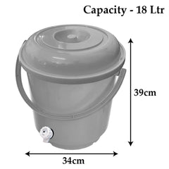 Kuber Industries Multipurposes Plastic Bucket with Lid & Tap System for Home Cleaning & Save Water, 18Ltr. Pack of 2 (Grey)