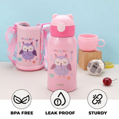 Kuber Industries Water Bottle for Kids, Owl Design Stainless Steel Flask with Straw, Cup & Fabric Cover, Sipper, Food Grade Plastic Lid, Broad Fabric Strap, Leak Proof, BPA Free, 500 ml, Pack of 1