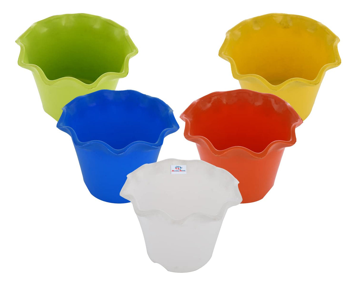 Heart Home Blossom Flower Pot|Durable Plastic Flower Pot|Gamla with Drain Holes for Home Décor|Balcony|Garden|8 Inch|Pack of 5 (Multicolor)