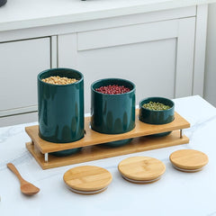 Kuber Industries Ceramic Jar | Food Storage Jar | Kitchen Storage Jar | Round Jar for Home | Sugar Storage Jar | Airtight Bamboo Lid | YX08-3-GN | 3 Piece Set | 260 | 800 | 1000 ML | Green