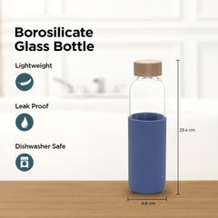 Kuber Industries Water Bottle|Glass Bottle|Sleeve Protection Bottle|Bamboo Lid Water Bottle|Travel Round Bottle|550 ML|Set of 2|Blue