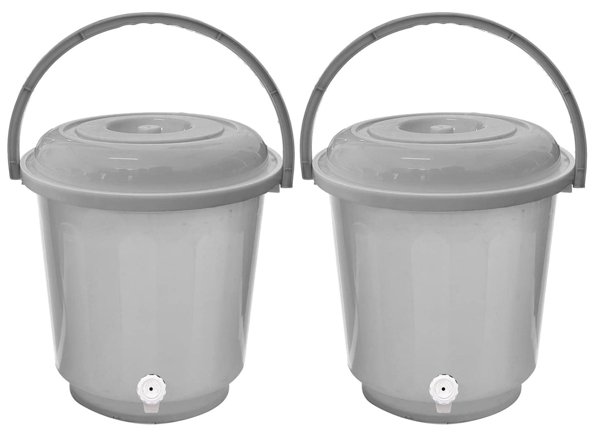 Kuber Industries Multipurposes Plastic Bucket with Lid & Tap System for Home Cleaning & Save Water, 18Ltr. Pack of 2 (Grey)