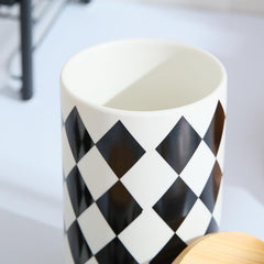 Heart Home Ceramic Jar | Food Storage Jar | Kitchen Storage Jar | Round Jar for Home | Sugar Storage Jar | Airtight Bamboo Lid | Diamond Pattern | YX11-L-DM | 1000 ML | Black-White