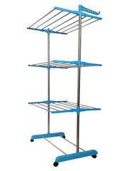 Heart Home Stainless Steel Foldable Rolling 3-Tier Clothes Dryer Rack For Home/Indoor/Outdoor/Balcony With Wheel (Blue)