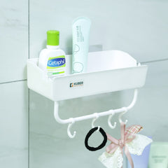 Kuber Industries Bathroom & Kitchen Organizer With Hooks For Hanging Kitchen & Bathroom Accessories|Multipurpose Rectangular Wall Shelves|Self-Adhesive|Premium Quality PP|A2912|Pack of 2|White