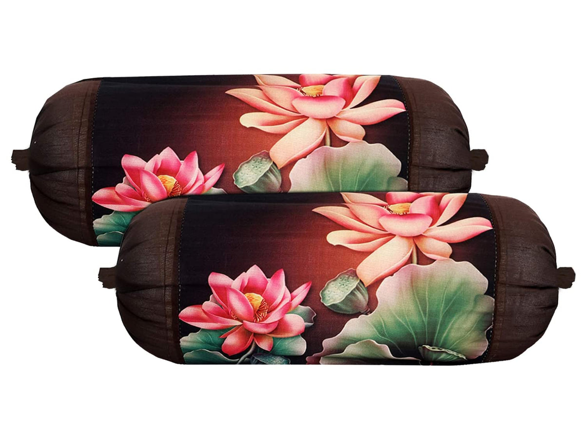 Kuber Industries Bolster Cover|Polyester Bolster Cover Set|Diwan Round Bolster Pillow Covers|Luxurious Lotus Print Roll Masand Cover|Pack of 2 (Brown)